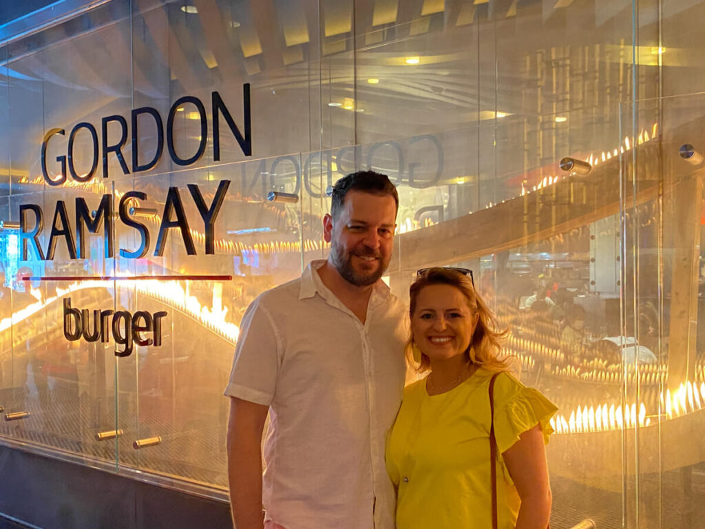Couple in front of Gordon Ramsay Restaurant in Las Vegas