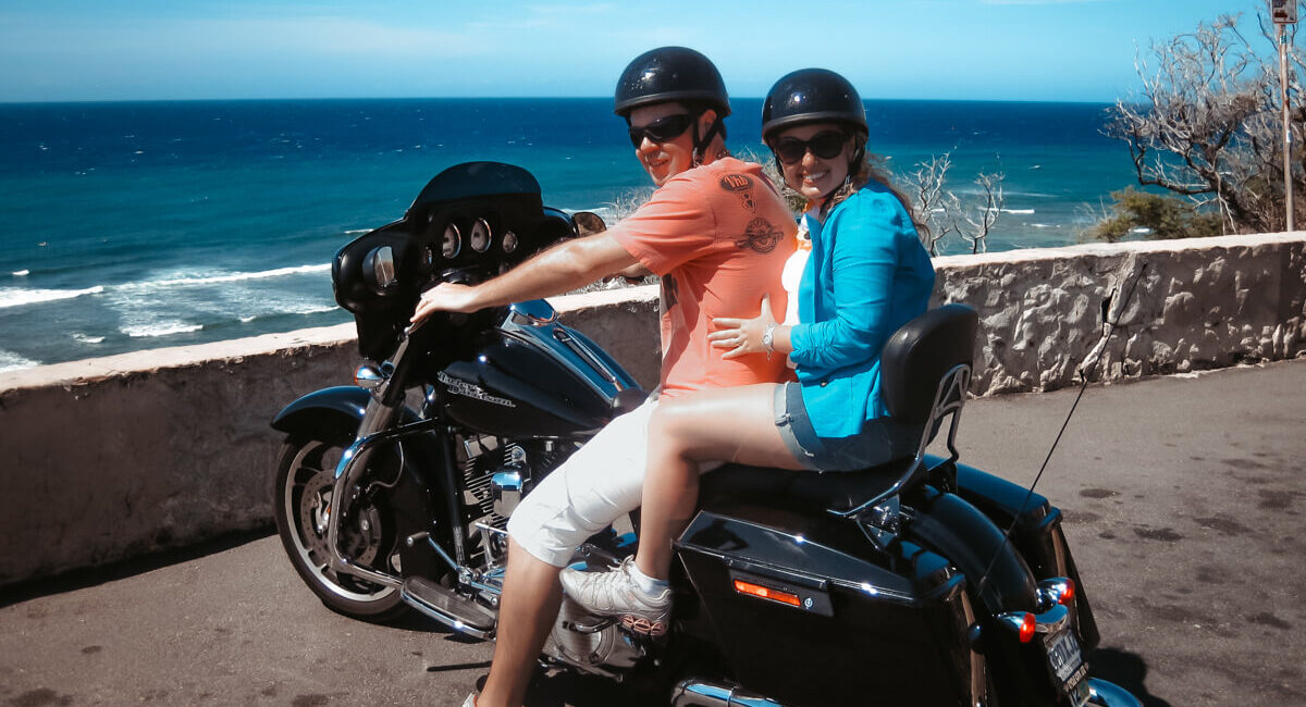Couple traveling in a Harley around Hawaii
