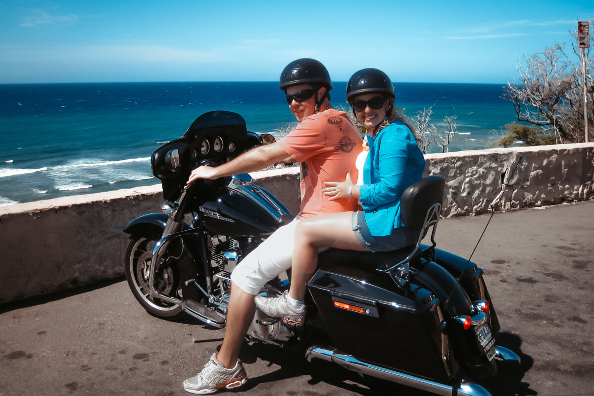 Couple traveling in a Harley around Hawaii